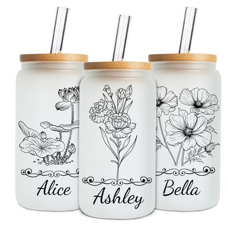 Mason Life Personalisierte Glas mit Namen & Geburtsblume – 530ml Dosen-Glas mit Deckel & Strohhalm – Eiskaffee Becher, Geschenk für Mama, Muttertag Geschenk